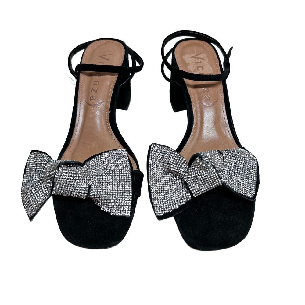Anthropologie Vicenza Black Suede Rhinestone Bow Block Heel Sandals Women's US 9 - Picture 4 of 7